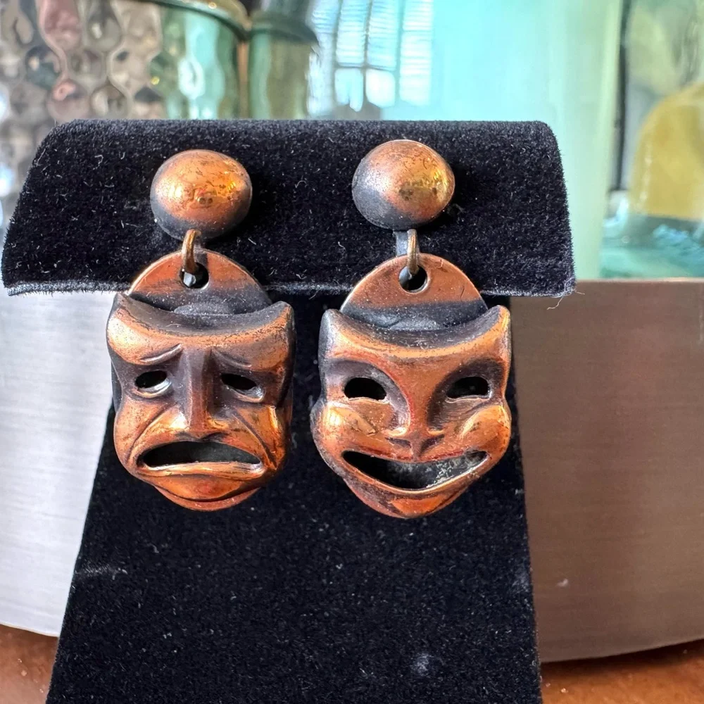 Vintage Copper Comedy and Tragedy Mask Earrings
